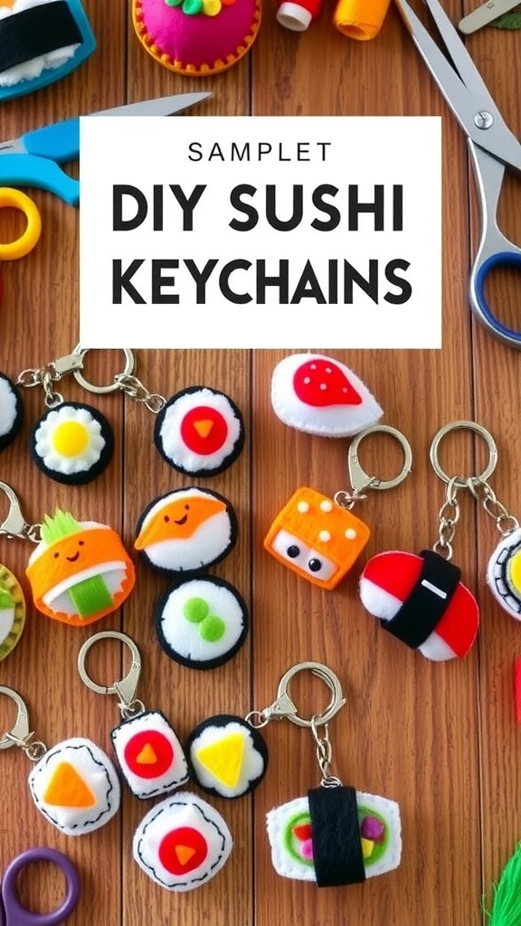 A collection of vibrant felt sushi keychains in various designs, displayed on a crafting table.